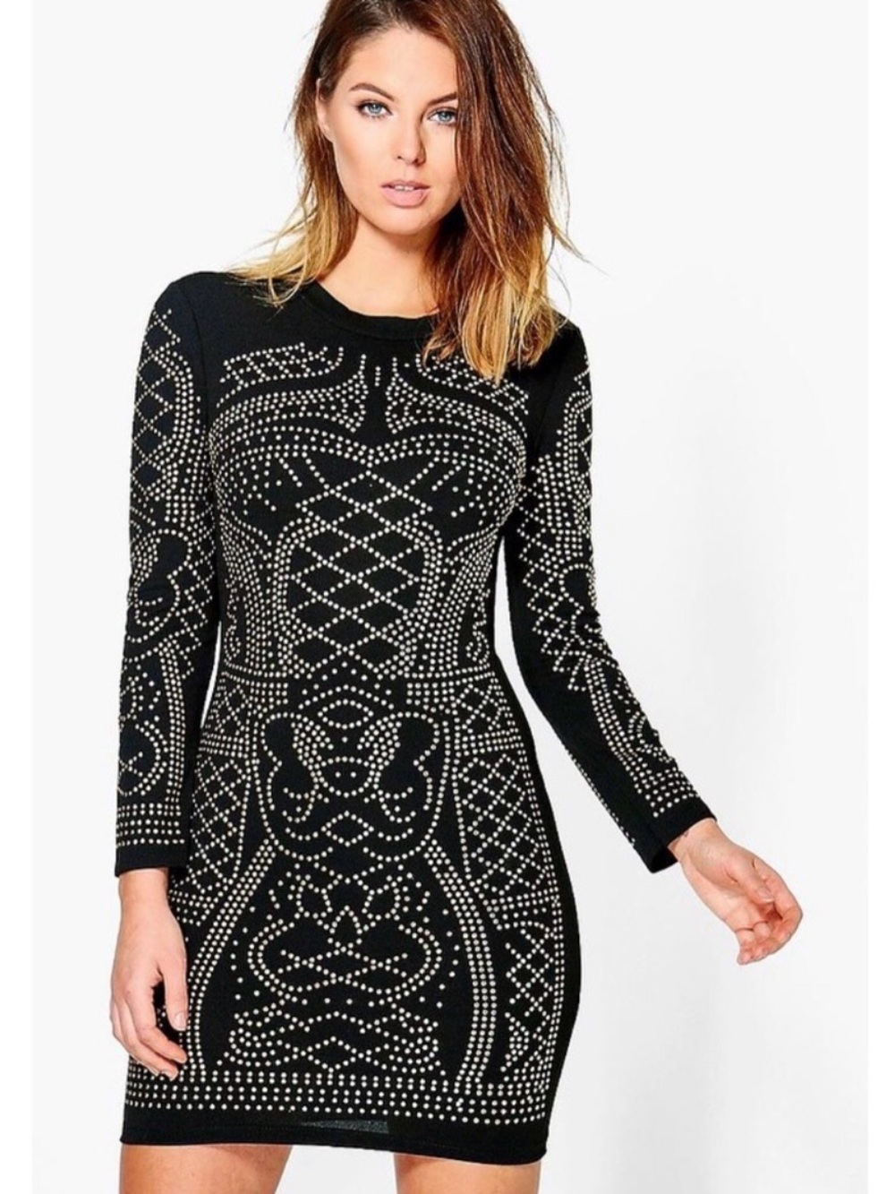 Banjul Black Long-Sleeve Studded Bodycon Mini Dress